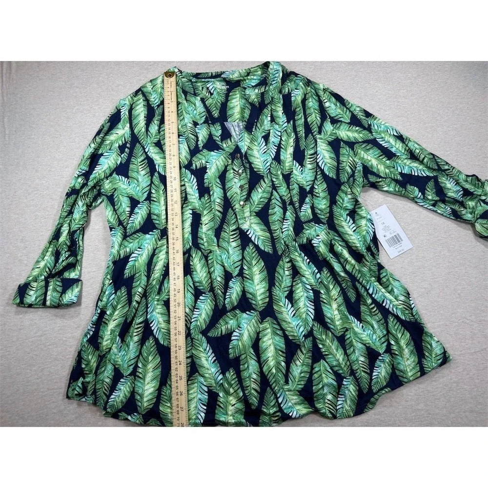 NWT Kim Rogers Tunic Blouse Womens Plus 1X Green Tropical Leaf 3/4 Sleeve - Picture 6 of 10